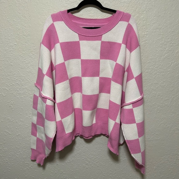 Sweaters - Pink and White Checkered Women's Sweater